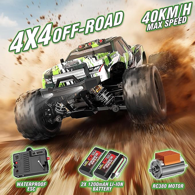 1:18 All Terrain RC Car for Adults & Boys (18305), 4WD Off-Road RC Truck High Speed Fast 40+ KPH, 4X4 Waterproof Remote Control Car with 2 Rechargeable Batteries