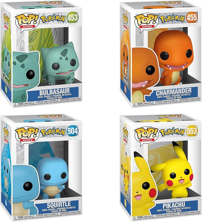 Funko Pop! Games: Pokémon Ultimate Starter Bundle 4-Pack – Bulbasaur (#453), Charmander (#455), Squirtle (#504), & Pikachu Waving (#553) Vinyl Figures