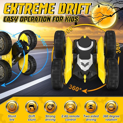 NQD Bat Remote Control Car- Double Sided 360°Rotate RC Stunt Car with Wheel Lights, 4WD Off-Road RC Cars 2.4Ghz Indoor/Outdoor Rechargeable Toy Car for Boys Age 4-7 8-12 Birthday Xmas Gift