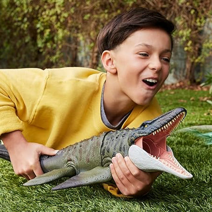 Mattel Jurassic World Rebirth Bite N Blast Mosasaurus Action Figure & Mini Dilophosaurus, Wide Jaw Dinosaur Toy, Movie-Accurate Posable, Digital Play