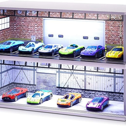 2 Pcs Display Case for Toy Car Garage with LED Light Stackable 1/64 Scale Diecast Toy Cars Garage for Maximum 58 Model Car Display and Storage(Red Bricks)