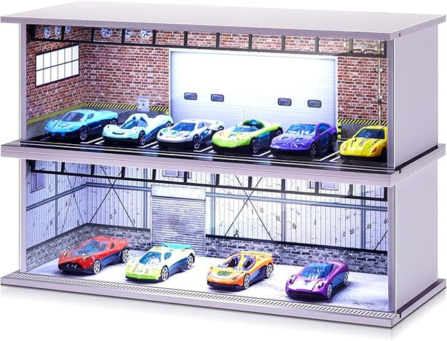 2 Pcs Display Case for Toy Car Garage with LED Light Stackable 1/64 Scale Diecast Toy Cars Garage for Maximum 58 Model Car Display and Storage(Red Bricks)