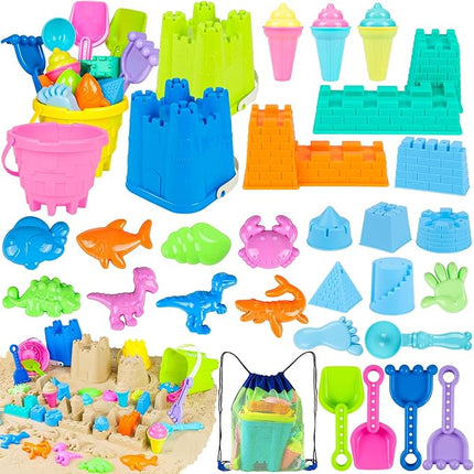 Beach Toys for Kids Toddlers, Sand Castle Toys with 4 Sand Bucket and Shovels, Mesh Bag & Molds, Ice Cream Travel Sandbox for Beach Sandbox for Toddlers Kids Baby Boys Girls Age 3-10