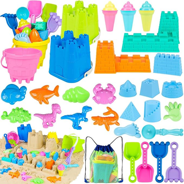 Beach Toys for Kids Toddlers, Sand Castle Toys with 4 Sand Bucket and Shovels, Mesh Bag & Molds, Ice Cream Travel Sandbox for Beach Sandbox for Toddlers Kids Baby Boys Girls Age 3-10