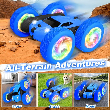 Remote Control Car, Outdoor Toys RC Cars for Kids Ages 6-12, 4WD Double Sided Stunt Vehicle with Upgraded USB-C Modular Batteries, 5 6 7 8 9 10+ Year Old Boy Birthday Blue