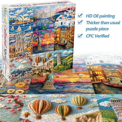 Bgraamiens 1000 Piece Jigsaw Puzzles for Adults – World Travel Landmarks Puzzle – Felt Style Cultural Icons from Around The Globe – Premium Relaxing Gift with Global Architecture