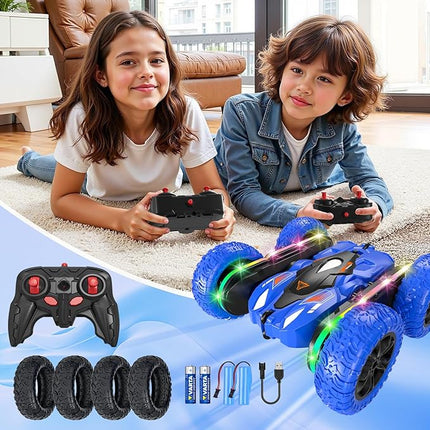 Remote Control Car for Kids, 2.4GHz 4WD Stunt RC Car with Double-Sided 360° Flips, Rechargeable LED Light Off-Road Toy Car for Boys Girls Ages 6-12