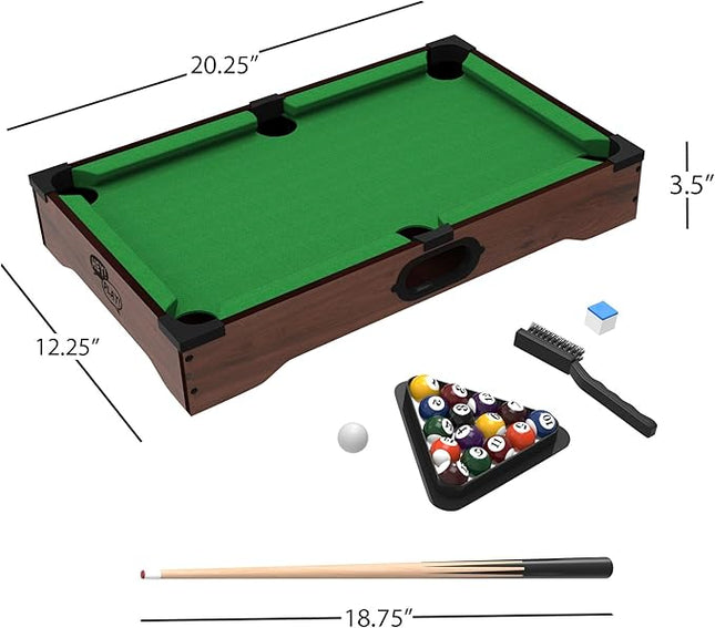 Mini Pool Table - 20-Inch Portable Tabletop Billiards Game with Cue Balls, Sticks, Chalk, Brush, and Triangle Rack - Table Games by Hey Play