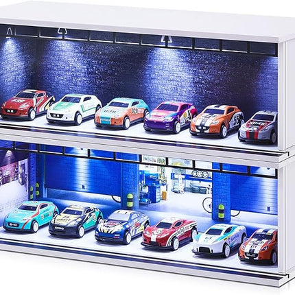 2 Pcs Display Case for Toy Car Garage with LED Light Stackable 1/64 Scale Diecast Toy Cars Garage for Maximum 58 Model Car Display and Storage(Depot)