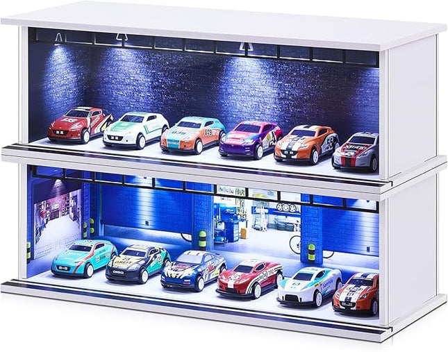 2 Pcs Display Case for Toy Car Garage with LED Light Stackable 1/64 Scale Diecast Toy Cars Garage for Maximum 58 Model Car Display and Storage(Depot)