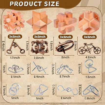 Rileryan 16 PCS Wooden Metal Brain Teasers for Adults 3D Brain Teasers Wooden Cube