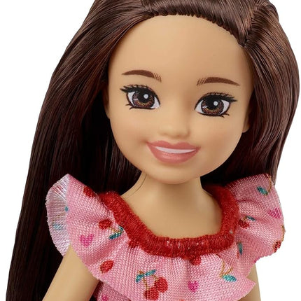 Barbie Chelsea Doll (Brunette) Wearing Ruffled Cherry-Print Dress and Black Shoes, Toy for Kids Ages 3 Years Old & Up