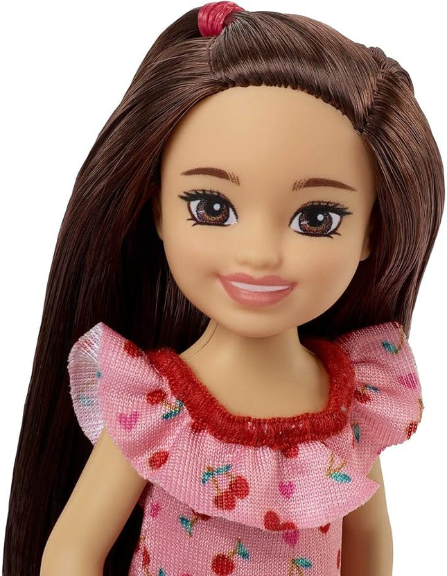 Barbie Chelsea Doll (Brunette) Wearing Ruffled Cherry-Print Dress and Black Shoes, Toy for Kids Ages 3 Years Old & Up