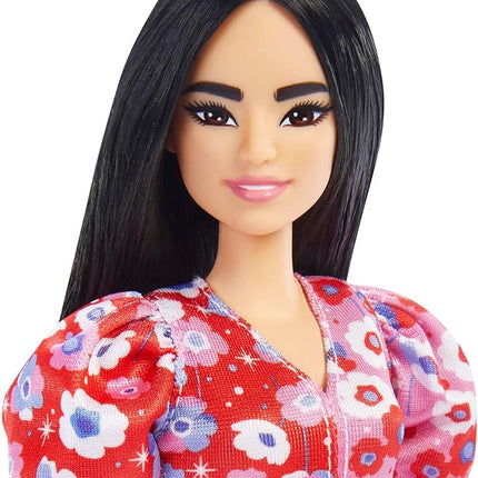 Barbie Fashionistas Doll #177 with Long Black Hair & Color Block Floral Dress & Accessories Including Strappy Purple Heels & Butterfly Ring