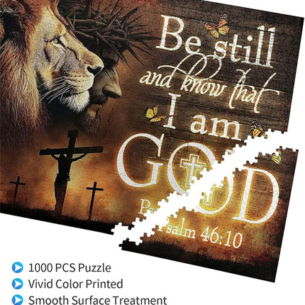 Christian Jigsaw Puzzles 1000 Pieces for Adults, Be Still and Know That I Am God Bible Verse with Lion, Religious Wooden Puzzle for Stress Relief, Faith-Based Gift & Wall Decor