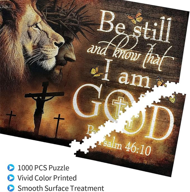 Christian Jigsaw Puzzles 1000 Pieces for Adults, Be Still and Know That I Am God Bible Verse with Lion, Religious Wooden Puzzle for Stress Relief, Faith-Based Gift & Wall Decor