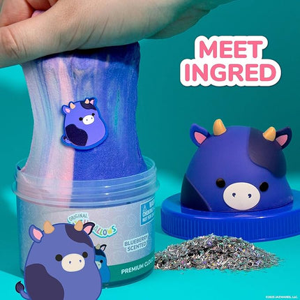 Original Squishmallows Ingrid The Cow Premium Cloud Slime, Blueberry-Scented, 8 oz., Storage Container with Figurine Topper, Rubber Charm, Goodie Bags Stuffers, Kids Party Favors, Sensory Toys