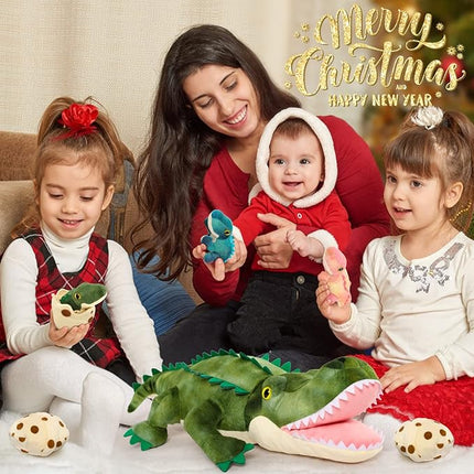 MorisMos Plush Alligator Stuffed Animal with Babies,23.6'' Mommy Stuffed Alligator with 3 Baby Crocodile Animals & 3 Plush Eggs,Lifelike Crocodile Toys for Kid 3-5 Birthday Decor