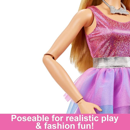 Large Barbie Doll with Blond Hair, 28 Inches Tall, Shimmery Pink Dress with Necklace and Hair Clip Accessories, HJY02