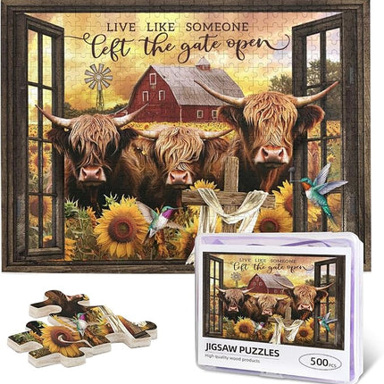 Highland Cow Jigsaw Puzzles 500 Pieces for Adults, Farm Animal & Sunflowers Country Scene, Rustic Window View Wooden Puzzle, Relaxing Nature Art & Farmhouse Decor Gift