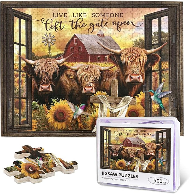 Highland Cow Jigsaw Puzzles 500 Pieces for Adults, Farm Animal & Sunflowers Country Scene, Rustic Window View Wooden Puzzle, Relaxing Nature Art & Farmhouse Decor Gift