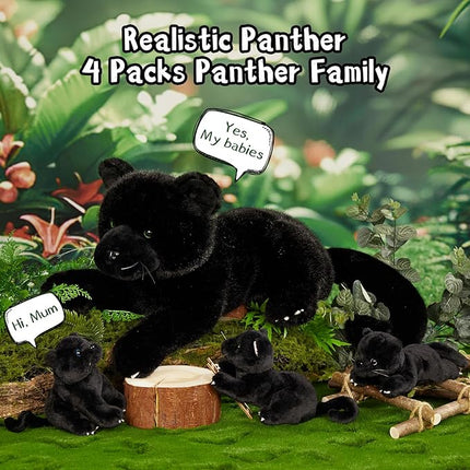 MorisMos Black Plush Panther Stuffed Animal with Babies,18'' Big Mama and Baby Stuffed Panther Toys for Kids Girls Boys, 4 Packs Black Jaguar Animals, Cute Leopard Toys for Kids