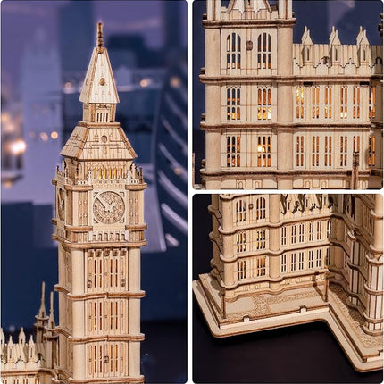 ROBOTIME 3D Puzzle for Adults Wooden Craft Kits for Teens DIY Construction Model Kit with LED Light to Build Educational Big Ben Set Toys Birthday Gifts