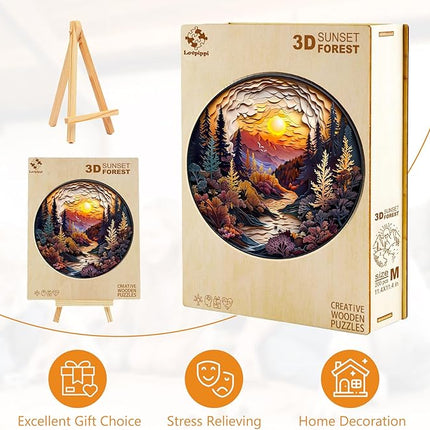 Wooden Puzzles for Adults, Wooden Jigsaw Puzzles for Adults Kids, 3D Sunset Forest Unique Shaped Wood Puzzles Adult, Creative Birthday Gifts for Friends Family Game (13.4 * 13.4in 300pcs)