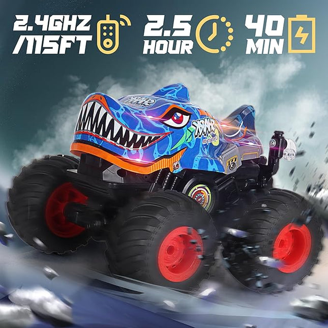 BEZGAR Monster Truck Toys - Remote Control Monster Truck with Light & Music, Dinosaur Truck for Kids, 1:20 Scale RC Truck with 360° Spins and Drifting, Remote Control Car for Boys 4-7 BlueShark