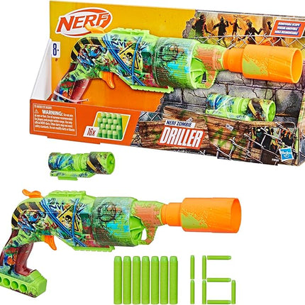 NERF Zombie Driller Dart Blaster, 16 Nerf Elite Darts, Rotating 5 Dart Cylinder, Removable Scope, Outdoor Games, Ages 8+