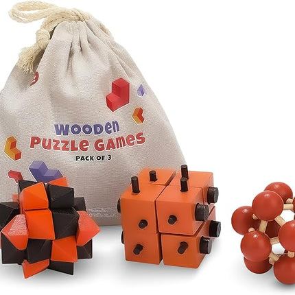 Sharp Brain Zone Wooden Brain Teaser Puzzles for Adults & Kids (Kongming Puzzle Set of 3)
