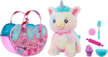Barbie Stuffed Animals, Unicorn Toys, Plush Unicorn with Dessert-Themed Purse Playset and 5 Accessories, Chef Pet Adventure