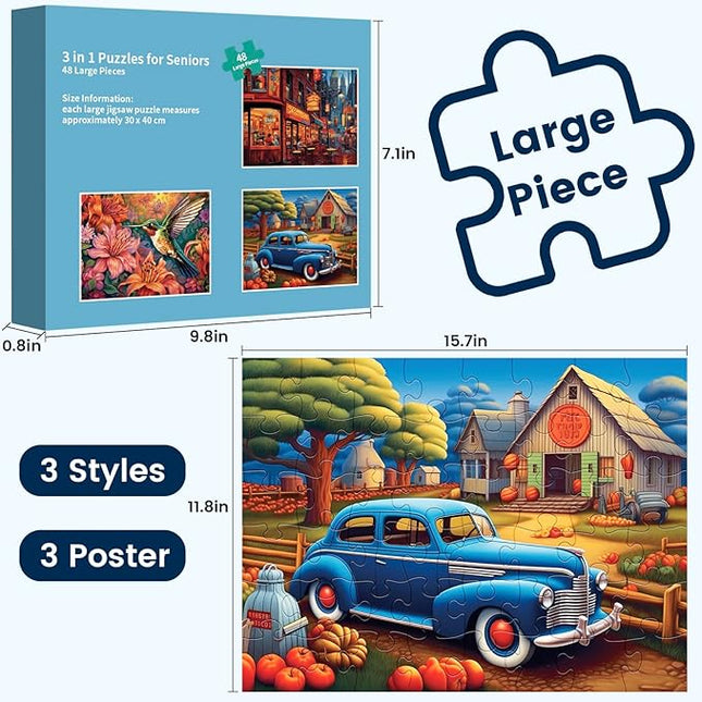 3 Pack 48 Large Piece Puzzle for Seniors Puzzles Dementia Alzheimer's Products and Activities for Elderly Large Piece Puzzles Alzheimer's Easy Puzzles Gift Memory Games for Patients, 3 Storage Bag