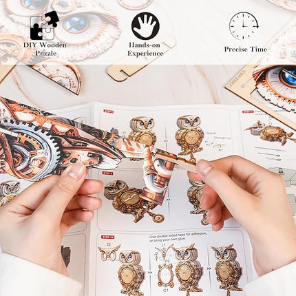 3D Wooden Puzzles for Adults Mechanical Owl Clock - Model Building Kit for Men Women Clock Puzzle Creative Craft Gift Home Deco for DIY Enthusiasts, Brain Teaser Building Set for Adults (Owl)