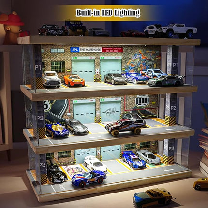 Storage for Hot Wheels: Toy Car Parking Garage Diorama with Lights - Freestanding Display Case for 1/64 Scale Diecast Cars with 4 Levels 24 Spots Maximum 40 Cars