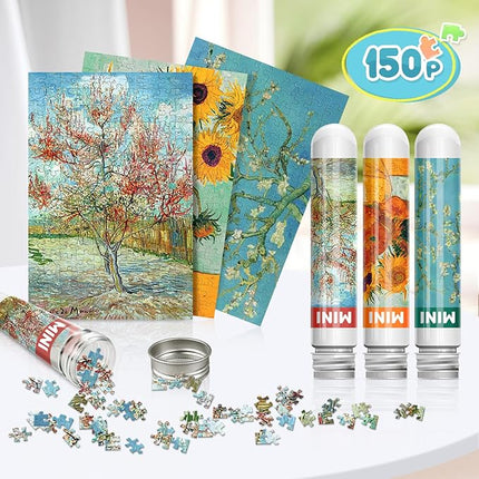 150 Pieces Mini Jigsaw Puzzles for Adults & Kids, 6" x 4" Small Jigsaw Puzzles Capsule Tube Jigsaw Puzzles Intelligent Game, Branches Of An Almond Tree In Blossom The Pink Peach Tree Sunflowers 3 Pack
