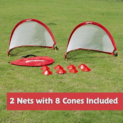 Poray Soccer Goal for Kid Easy-up Set of Two Portable Soccer Net 210D Oxford with 8 Field Marker Cones Extra Stakes Fun for Backyard and Soccer Training