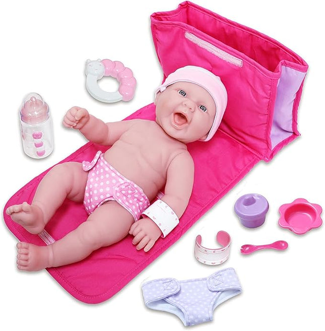 10 Piece Deluxe Diaper Bag Gift Set | Feat. 13" Realistic Smiling Baby Newborn Doll | La Newborn - JC Toys | All Vinyl | Washable | Ages 2+, Pink