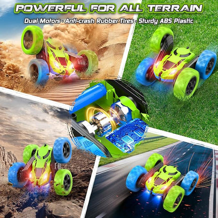 cosone Remote Control Car Toys for Boys - 4WD 2.4Ghz Double Sided 360° Rotating All Terrain RC Cars with Cool Lights, Kids Birthday for Boys-Blue&Green