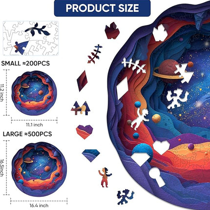 Space Wood Puzzle Adults - 199 Pcs Wooden Galaxy Jigsaw Puzzles for Adult, Stress Relief Planet Creative Game, Fun Family Night Activity, Home Decorative Gift, 11.2x11.1 in