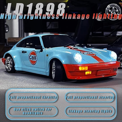LDRC 1898 1:18 RC Drift Car 911 2.4GHz RWD with Gyroscope on-Road Alloy Body Shell Racing Cars Radio Control (Blue)