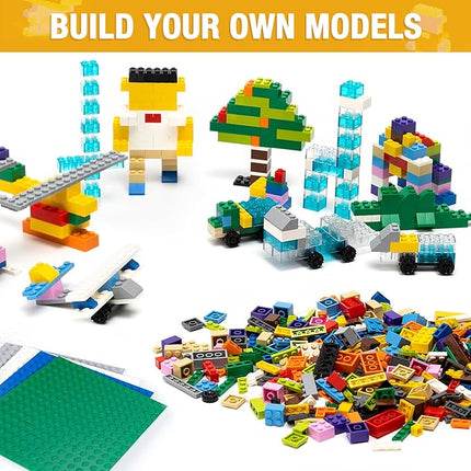 595 Pieces Building Bricks, Building Bulk Block with 4 Packs 5" x 5" Stackable Plates and 46PCS Wheel Accessory - Compatible with All Major Bricks, Gfits for Kids - 18 Shape/16 Color