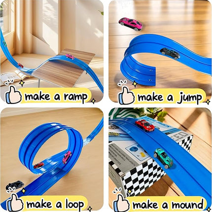 Flex Track 15 Ft Starter Set - Flexible Race Car Ramp Track for Kids Ages 3-8 with 4 Cars & 12 Suction Cups, Compatible with Hot Wheels & 1/64th Diecast Cars, Portable Blue Racetrack Toy