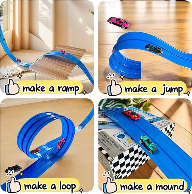 Flex Track 15 Ft Starter Set - Flexible Race Car Ramp Track for Kids Ages 3-8 with 4 Cars & 12 Suction Cups, Compatible with Hot Wheels & 1/64th Diecast Cars, Portable Blue Racetrack Toy