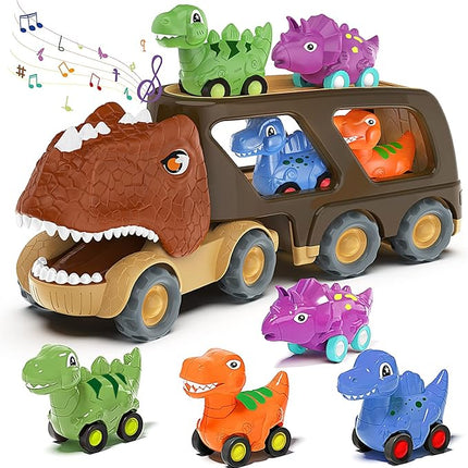 Veslier Dinosaur Car Toy for 2 3 4 5 Years Old Boys, Friction Power Carrier Truck with 4 Pack Small Pull Back Dino Car, Christmas Birthday Gift for 18+ Months Boy Girl Kids Toddlers