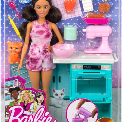 Barbie Baker Doll & Kitchen Playset with Oven, Spinning Mixer & 10+ Accessories, Includes Petite Brunette Fashion Doll, Pet Kitten & Baking Pieces