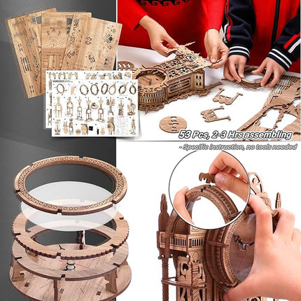 3D Wood Puzzle LED Tower Clock, 3D Puzzle Building Desktop Clock Model DIY Architectural Building Blocks (LED-TC01 Wood)