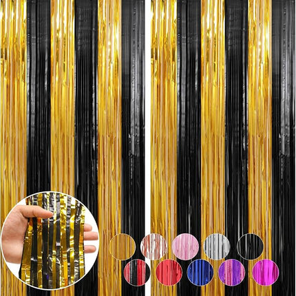 2 Pack Gold and Black Foil Fringe Curtains Streamers 3.3 x 8.2 ft, Tinsel Backdrop for Parties, Door Birthday Streamers, Photo Booth Backdrops, Party Decorations