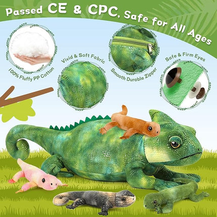 MorisMos Plush Lizard Stuffed Animals, 27'' Giant Mommy Chameleon Stuffed Animal with 4 Baby Lizard Toys for Kid Girl Boy, Realistic Large Iguana Mom, Cute Gecko Toys Gift for Kid Birthday Christmas