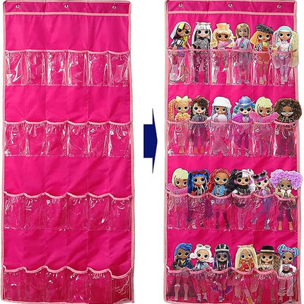 Hanging Over Door Toy Storage Organizer with 24 Clear View Pockets, Ideal for Lol Omg Dolls Barbie Dolls Surprise Doll, Cars and More Collectibles‘s Storage, Best Gift for Girls (Pink)